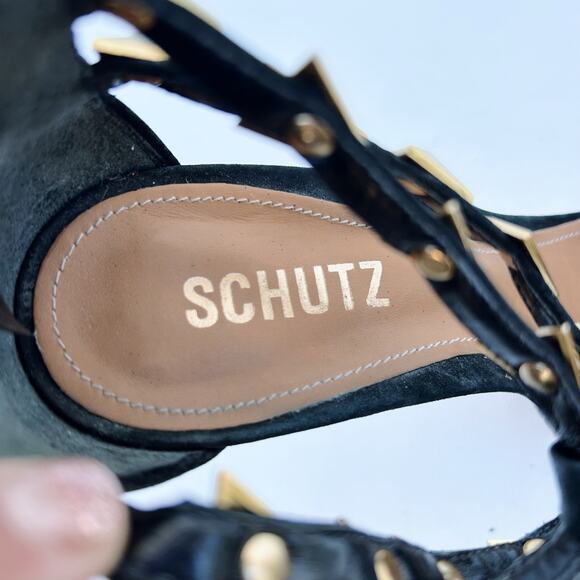 Schutz Black Suede Studded Heels Gold Ankle Strap Pointed Stiletto Pumps 8 39 - Picture 8 of 11